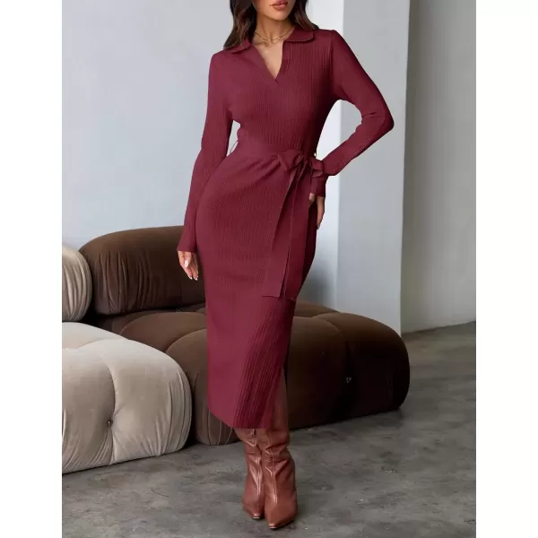 imageZESICA Womens Fall Long Sleeve Sweater Dress 2024 Lapel V Neck Ribbed Knit Side Slit Bodycon Midi Dresses with BeltPlum