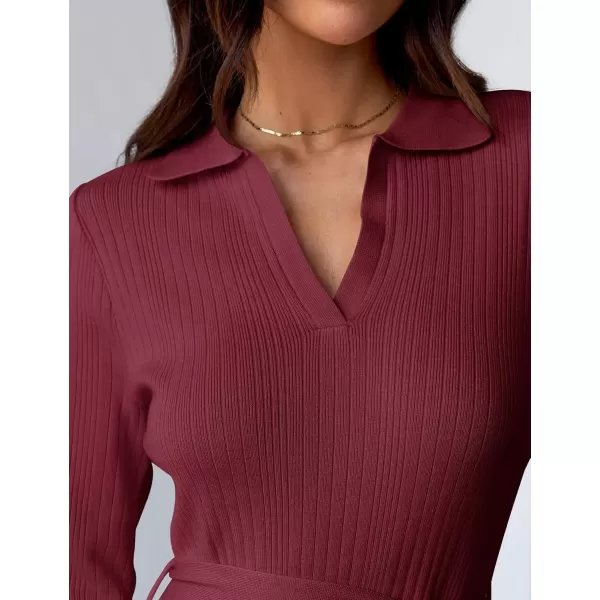 imageZESICA Womens Fall Long Sleeve Sweater Dress 2024 Lapel V Neck Ribbed Knit Side Slit Bodycon Midi Dresses with BeltPlum