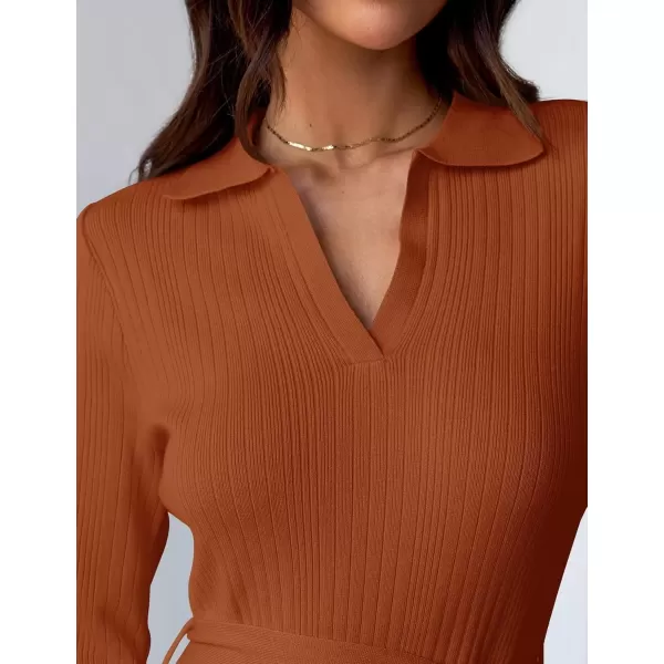 imageZESICA Womens Fall Long Sleeve Sweater Dress 2024 Lapel V Neck Ribbed Knit Side Slit Bodycon Midi Dresses with BeltRust