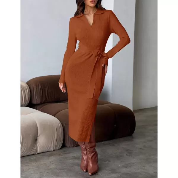 imageZESICA Womens Fall Long Sleeve Sweater Dress 2024 Lapel V Neck Ribbed Knit Side Slit Bodycon Midi Dresses with BeltRust