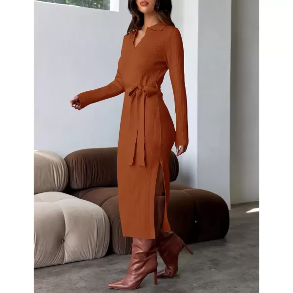 imageZESICA Womens Fall Long Sleeve Sweater Dress 2024 Lapel V Neck Ribbed Knit Side Slit Bodycon Midi Dresses with BeltRust