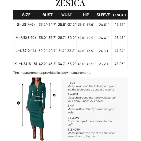 imageZESICA Womens Fall Long Sleeve Sweater Dress 2024 Lapel V Neck Ribbed Knit Side Slit Bodycon Midi Dresses with BeltTeal