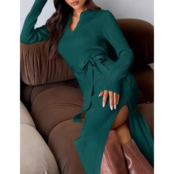 imageZESICA Womens Fall Long Sleeve Sweater Dress 2024 Lapel V Neck Ribbed Knit Side Slit Bodycon Midi Dresses with BeltTeal