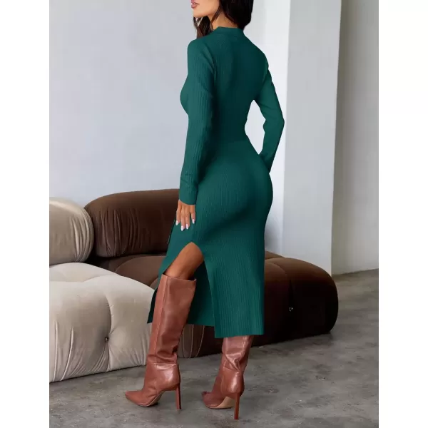imageZESICA Womens Fall Long Sleeve Sweater Dress 2024 Lapel V Neck Ribbed Knit Side Slit Bodycon Midi Dresses with BeltTeal