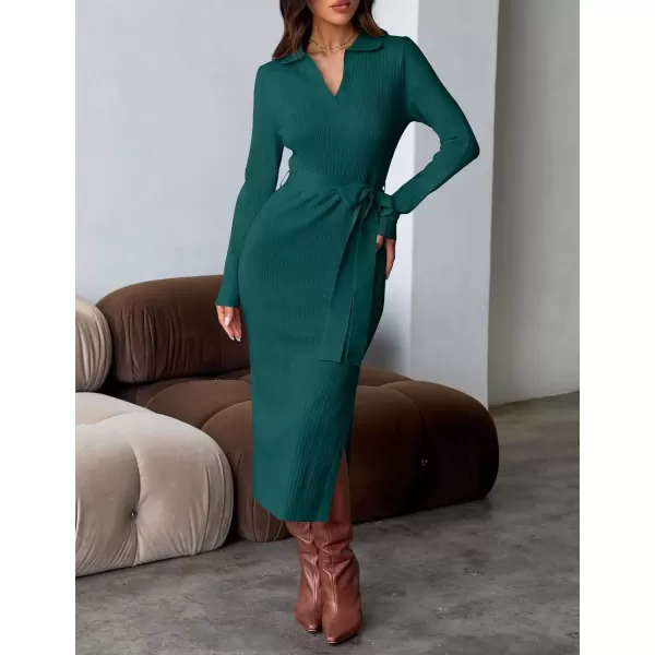 imageZESICA Womens Fall Long Sleeve Sweater Dress 2024 Lapel V Neck Ribbed Knit Side Slit Bodycon Midi Dresses with BeltTeal