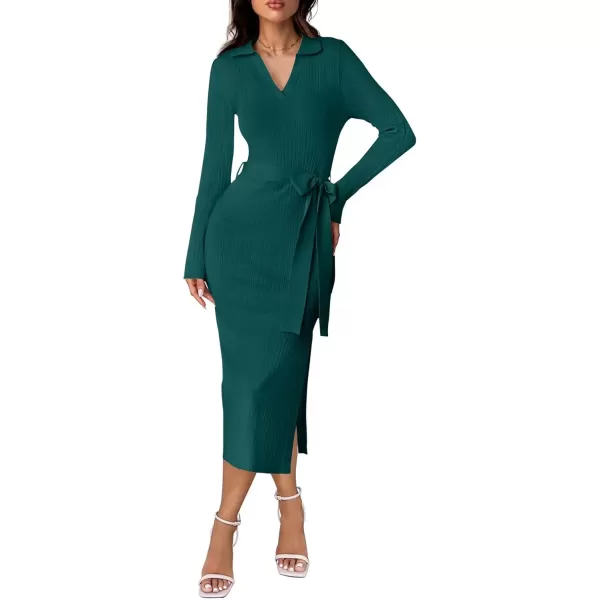 imageZESICA Womens Fall Long Sleeve Sweater Dress 2024 Lapel V Neck Ribbed Knit Side Slit Bodycon Midi Dresses with BeltTeal
