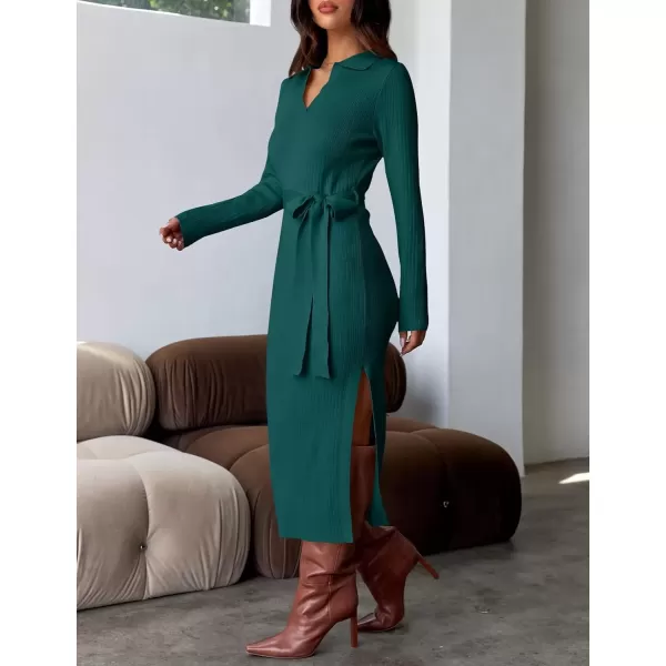 imageZESICA Womens Fall Long Sleeve Sweater Dress 2024 Lapel V Neck Ribbed Knit Side Slit Bodycon Midi Dresses with BeltTeal