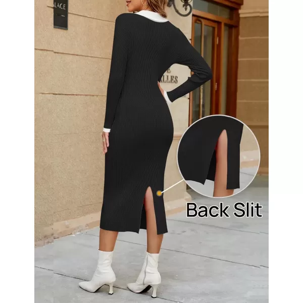 imageZESICA Womens Fall Sweater Dresses 2024 Long Sleeve V Neck Ribbed Knit Midi Dress Causal Color Block Bodycon DressBlack