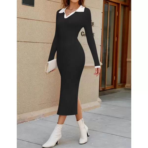 imageZESICA Womens Fall Sweater Dresses 2024 Long Sleeve V Neck Ribbed Knit Midi Dress Causal Color Block Bodycon DressBlack