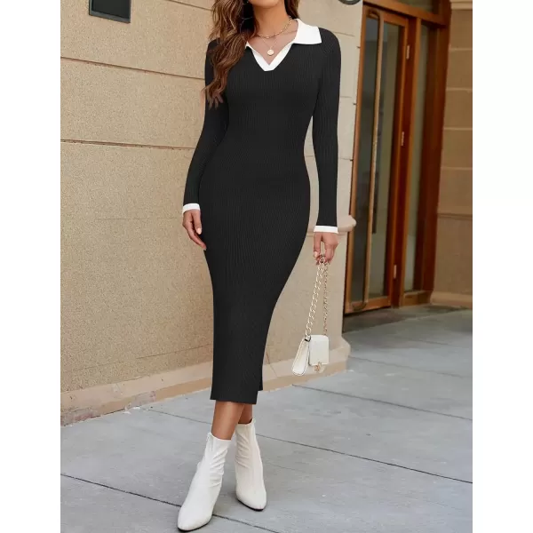 imageZESICA Womens Fall Sweater Dresses 2024 Long Sleeve V Neck Ribbed Knit Midi Dress Causal Color Block Bodycon DressBlack