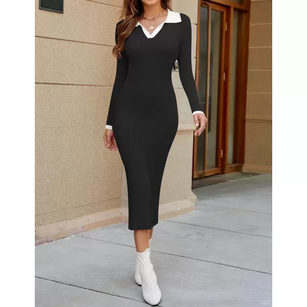 imageZESICA Womens Fall Sweater Dresses 2024 Long Sleeve V Neck Ribbed Knit Midi Dress Causal Color Block Bodycon DressBlack
