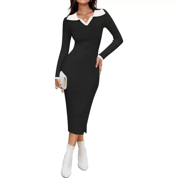imageZESICA Womens Fall Sweater Dresses 2024 Long Sleeve V Neck Ribbed Knit Midi Dress Causal Color Block Bodycon DressBlack