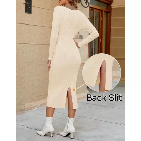 imageZESICA Womens Fall Sweater Dresses 2024 Long Sleeve V Neck Ribbed Knit Midi Dress Causal Color Block Bodycon DressCream