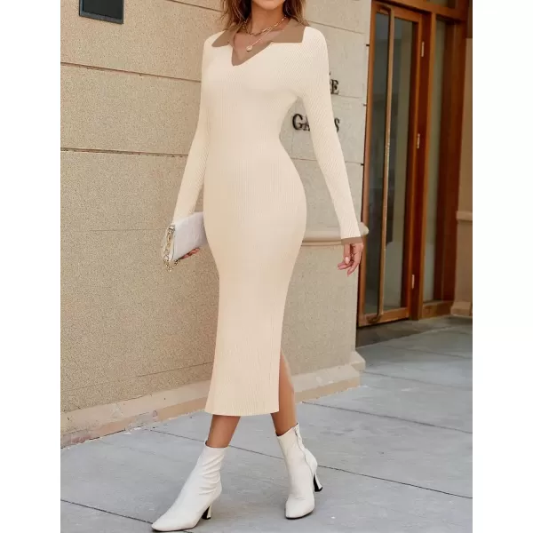imageZESICA Womens Fall Sweater Dresses 2024 Long Sleeve V Neck Ribbed Knit Midi Dress Causal Color Block Bodycon DressCream