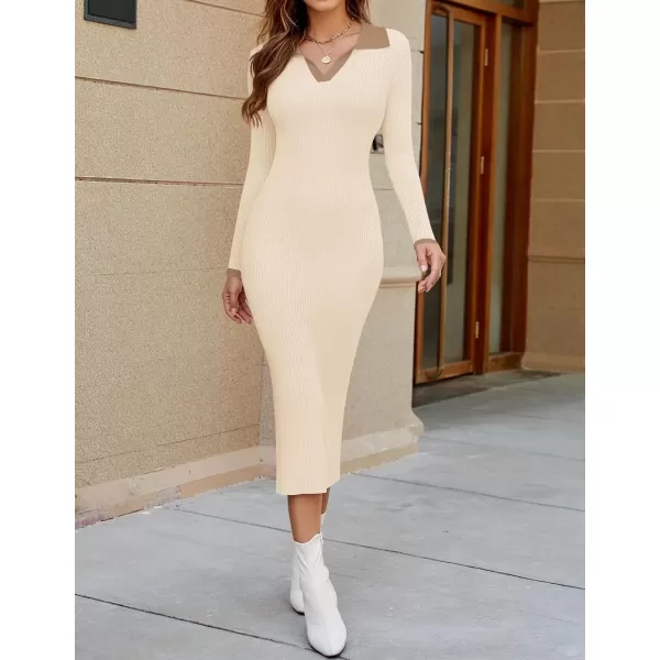 imageZESICA Womens Fall Sweater Dresses 2024 Long Sleeve V Neck Ribbed Knit Midi Dress Causal Color Block Bodycon DressCream