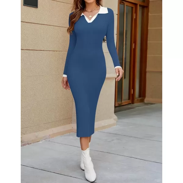 imageZESICA Womens Fall Sweater Dresses 2024 Long Sleeve V Neck Ribbed Knit Midi Dress Causal Color Block Bodycon DressDusty Blue