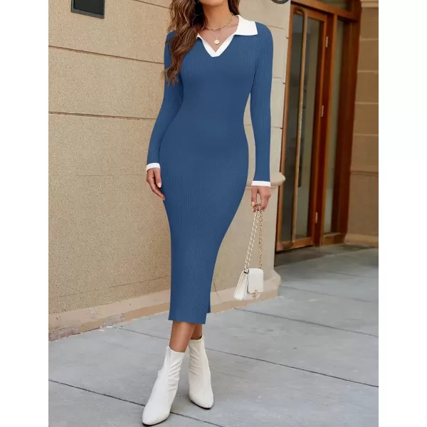 imageZESICA Womens Fall Sweater Dresses 2024 Long Sleeve V Neck Ribbed Knit Midi Dress Causal Color Block Bodycon DressDusty Blue