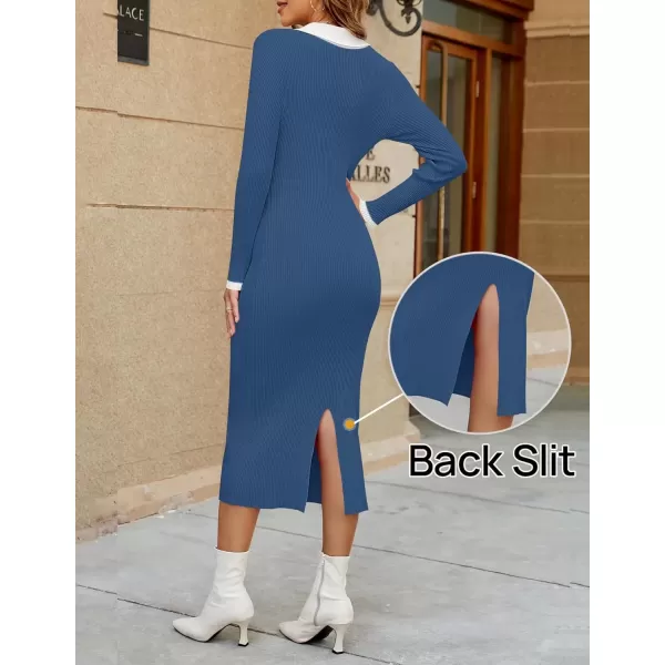 imageZESICA Womens Fall Sweater Dresses 2024 Long Sleeve V Neck Ribbed Knit Midi Dress Causal Color Block Bodycon DressDusty Blue