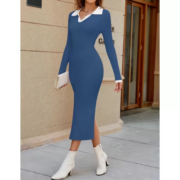 imageZESICA Womens Fall Sweater Dresses 2024 Long Sleeve V Neck Ribbed Knit Midi Dress Causal Color Block Bodycon DressDusty Blue