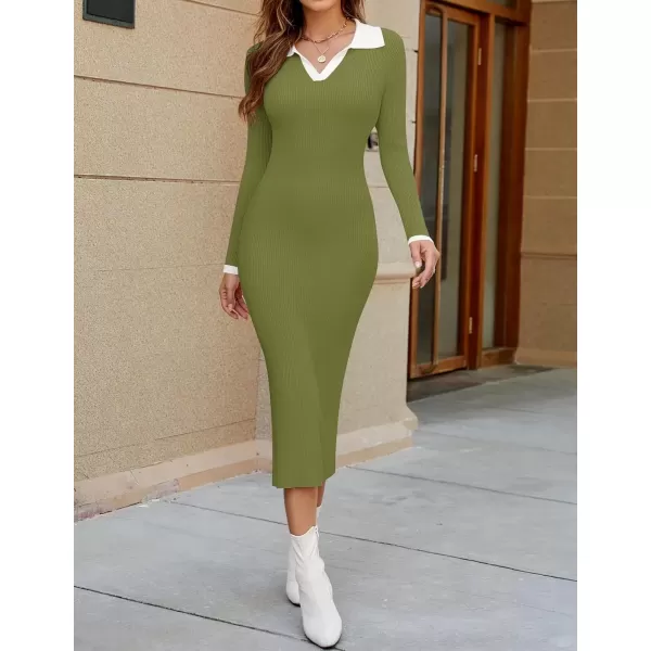 imageZESICA Womens Fall Sweater Dresses 2024 Long Sleeve V Neck Ribbed Knit Midi Dress Causal Color Block Bodycon DressGreen
