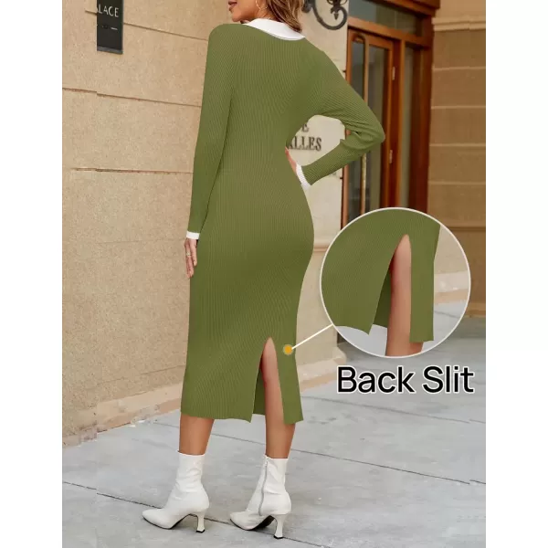 imageZESICA Womens Fall Sweater Dresses 2024 Long Sleeve V Neck Ribbed Knit Midi Dress Causal Color Block Bodycon DressGreen