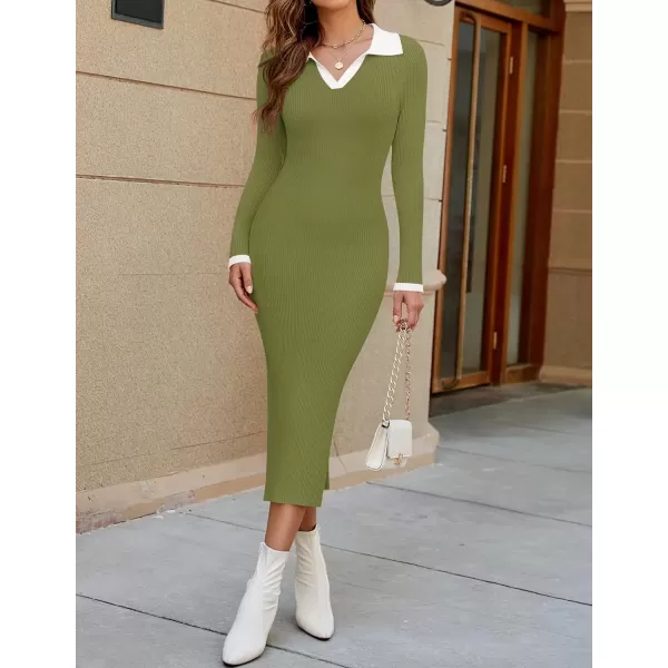 imageZESICA Womens Fall Sweater Dresses 2024 Long Sleeve V Neck Ribbed Knit Midi Dress Causal Color Block Bodycon DressGreen