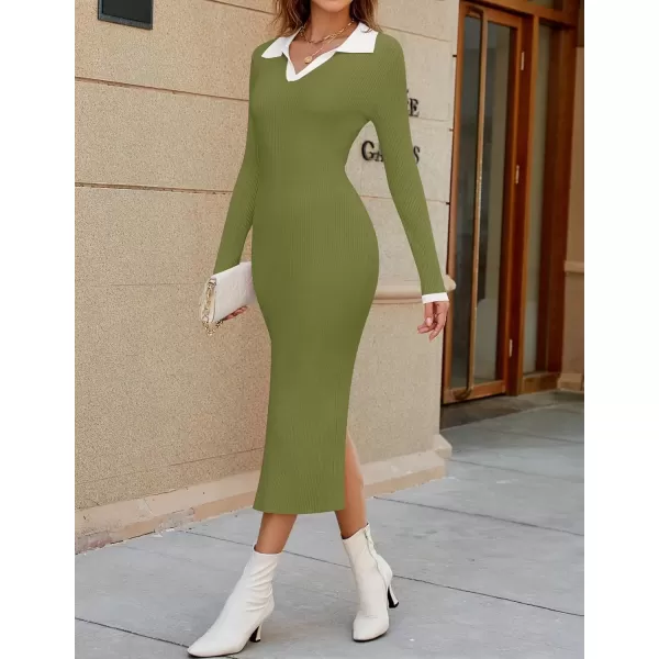 imageZESICA Womens Fall Sweater Dresses 2024 Long Sleeve V Neck Ribbed Knit Midi Dress Causal Color Block Bodycon DressGreen