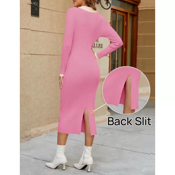 imageZESICA Womens Fall Sweater Dresses 2024 Long Sleeve V Neck Ribbed Knit Midi Dress Causal Color Block Bodycon DressPink