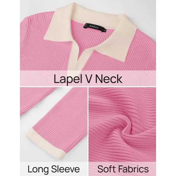 imageZESICA Womens Fall Sweater Dresses 2024 Long Sleeve V Neck Ribbed Knit Midi Dress Causal Color Block Bodycon DressPink