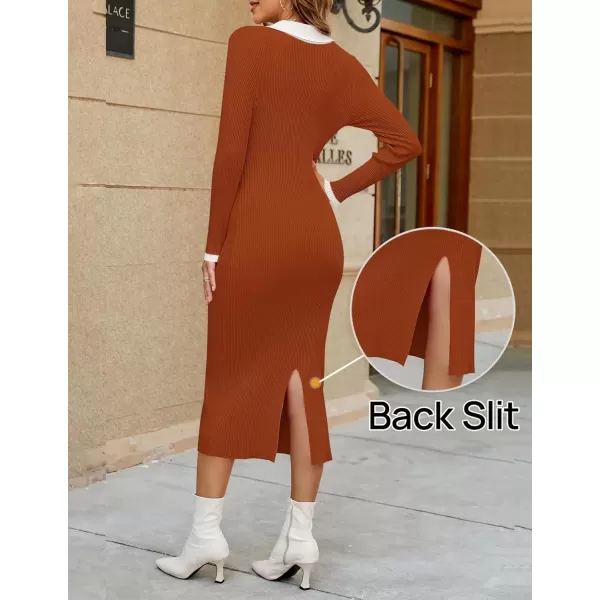 imageZESICA Womens Fall Sweater Dresses 2024 Long Sleeve V Neck Ribbed Knit Midi Dress Causal Color Block Bodycon DressRust