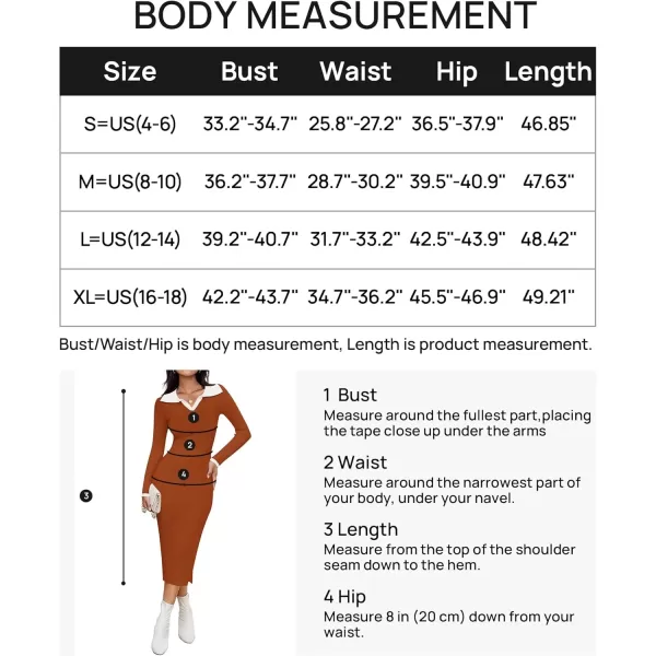 imageZESICA Womens Fall Sweater Dresses 2024 Long Sleeve V Neck Ribbed Knit Midi Dress Causal Color Block Bodycon DressRust