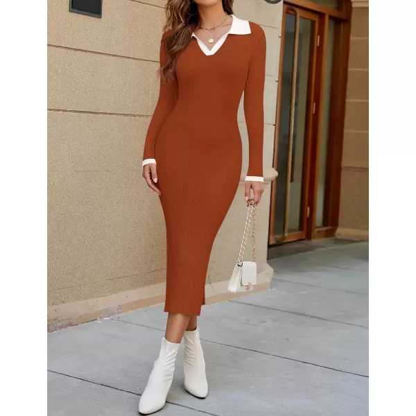 imageZESICA Womens Fall Sweater Dresses 2024 Long Sleeve V Neck Ribbed Knit Midi Dress Causal Color Block Bodycon DressRust