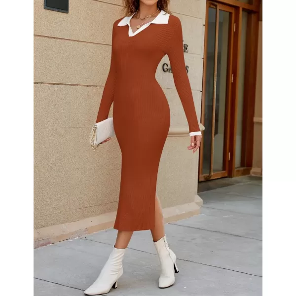 imageZESICA Womens Fall Sweater Dresses 2024 Long Sleeve V Neck Ribbed Knit Midi Dress Causal Color Block Bodycon DressRust