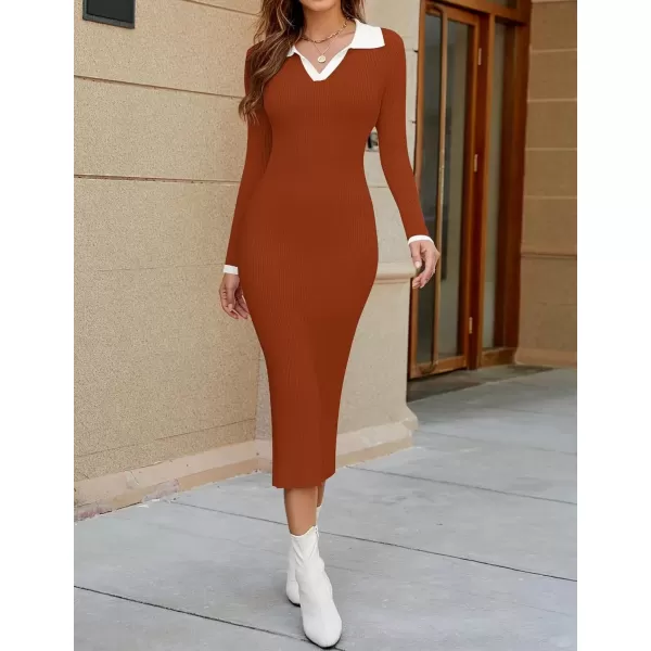 imageZESICA Womens Fall Sweater Dresses 2024 Long Sleeve V Neck Ribbed Knit Midi Dress Causal Color Block Bodycon DressRust
