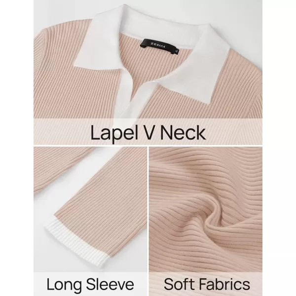 imageZESICA Womens Fall Sweater Dresses 2024 Long Sleeve V Neck Ribbed Knit Midi Dress Causal Color Block Bodycon DressSand