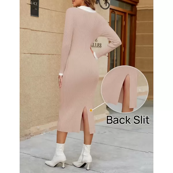 imageZESICA Womens Fall Sweater Dresses 2024 Long Sleeve V Neck Ribbed Knit Midi Dress Causal Color Block Bodycon DressSand