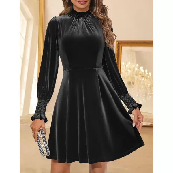 imageZESICA Womens Fall Velvet Mini Dress 2024 Long Sleeve Mock Neck High Waist Ruffle A Line Flowy Party DressesBlack