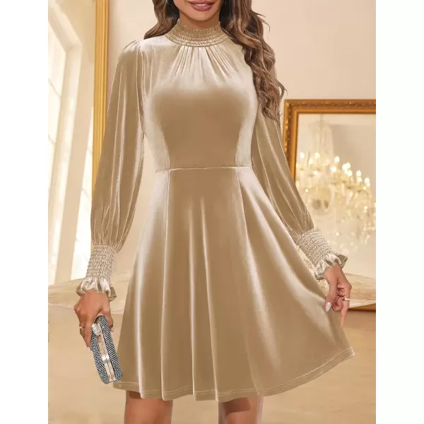 imageZESICA Womens Fall Velvet Mini Dress 2024 Long Sleeve Mock Neck High Waist Ruffle A Line Flowy Party DressesChampagne