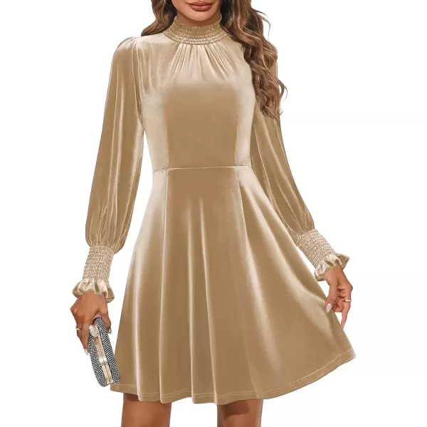 imageZESICA Womens Fall Velvet Mini Dress 2024 Long Sleeve Mock Neck High Waist Ruffle A Line Flowy Party DressesChampagne