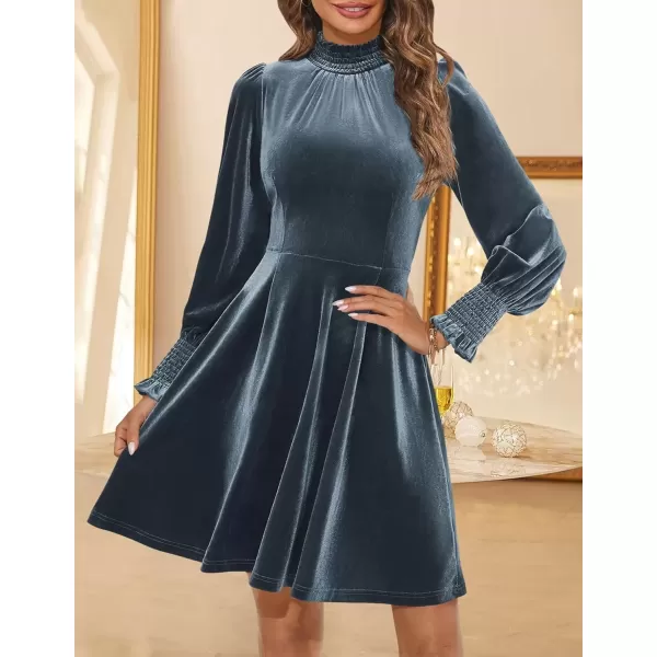 imageZESICA Womens Fall Velvet Mini Dress 2024 Long Sleeve Mock Neck High Waist Ruffle A Line Flowy Party DressesDarkblue
