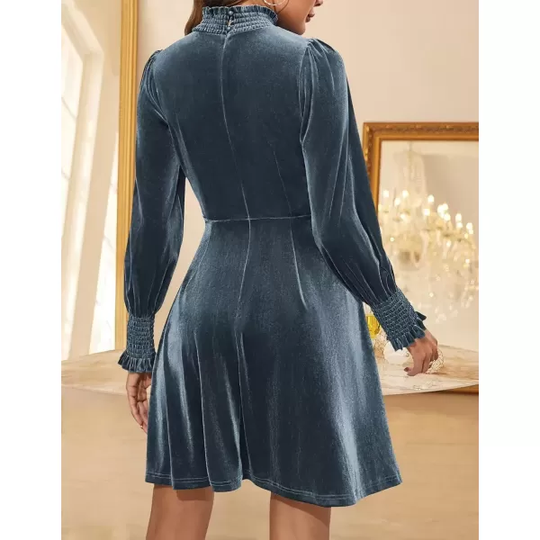 imageZESICA Womens Fall Velvet Mini Dress 2024 Long Sleeve Mock Neck High Waist Ruffle A Line Flowy Party DressesDarkblue