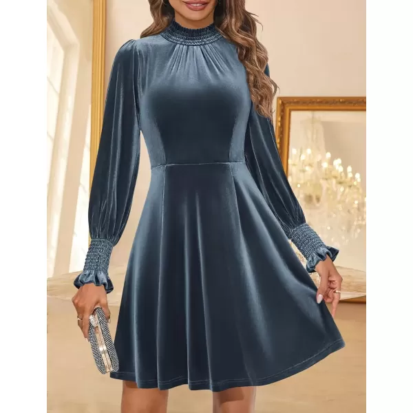 imageZESICA Womens Fall Velvet Mini Dress 2024 Long Sleeve Mock Neck High Waist Ruffle A Line Flowy Party DressesDarkblue