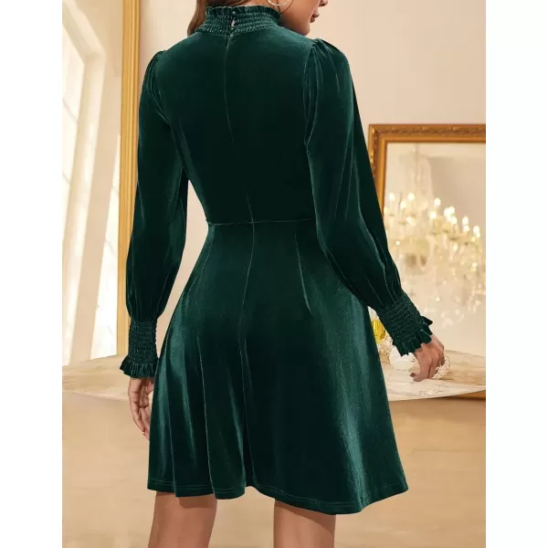 imageZESICA Womens Fall Velvet Mini Dress 2024 Long Sleeve Mock Neck High Waist Ruffle A Line Flowy Party DressesForestgreen