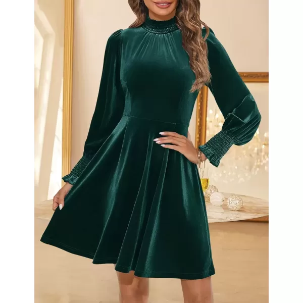 imageZESICA Womens Fall Velvet Mini Dress 2024 Long Sleeve Mock Neck High Waist Ruffle A Line Flowy Party DressesForestgreen