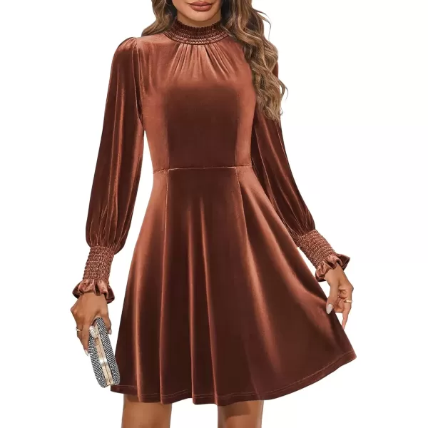 imageZESICA Womens Fall Velvet Mini Dress 2024 Long Sleeve Mock Neck High Waist Ruffle A Line Flowy Party DressesRust
