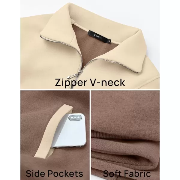 imageZESICA Womens Half Zip Sweatshirts Long Sleeve Color Block Hoodies Oversized Pullover Sweater Tops 2024 Fall Y2k ClothesAlmond