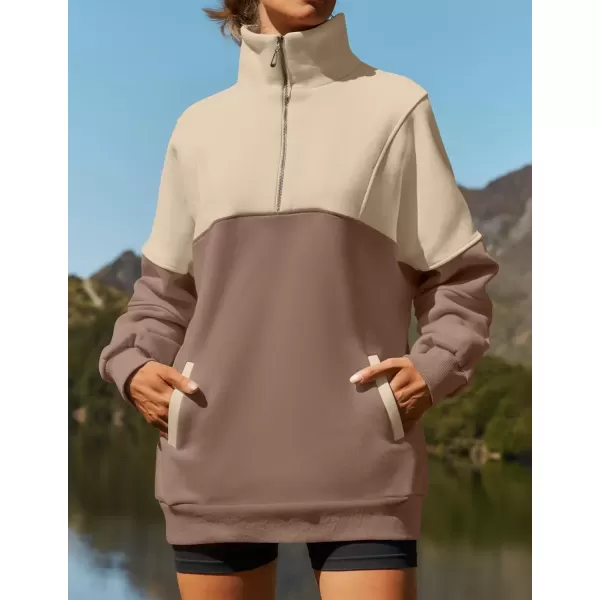 imageZESICA Womens Half Zip Sweatshirts Long Sleeve Color Block Hoodies Oversized Pullover Sweater Tops 2024 Fall Y2k ClothesAlmond