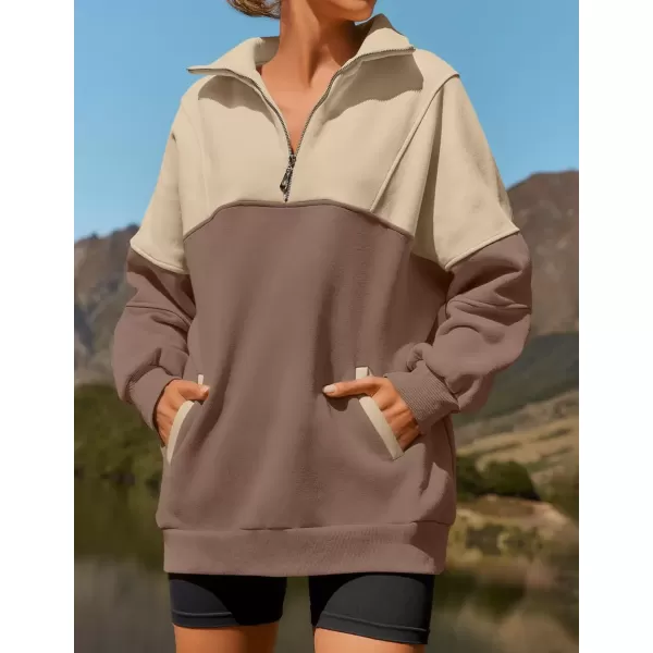 imageZESICA Womens Half Zip Sweatshirts Long Sleeve Color Block Hoodies Oversized Pullover Sweater Tops 2024 Fall Y2k ClothesAlmond