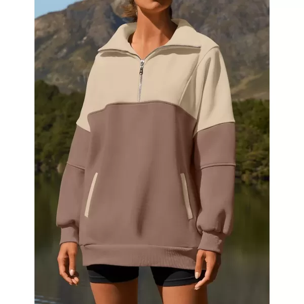 imageZESICA Womens Half Zip Sweatshirts Long Sleeve Color Block Hoodies Oversized Pullover Sweater Tops 2024 Fall Y2k ClothesAlmond