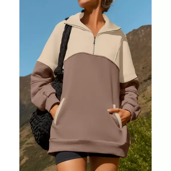 imageZESICA Womens Half Zip Sweatshirts Long Sleeve Color Block Hoodies Oversized Pullover Sweater Tops 2024 Fall Y2k ClothesAlmond